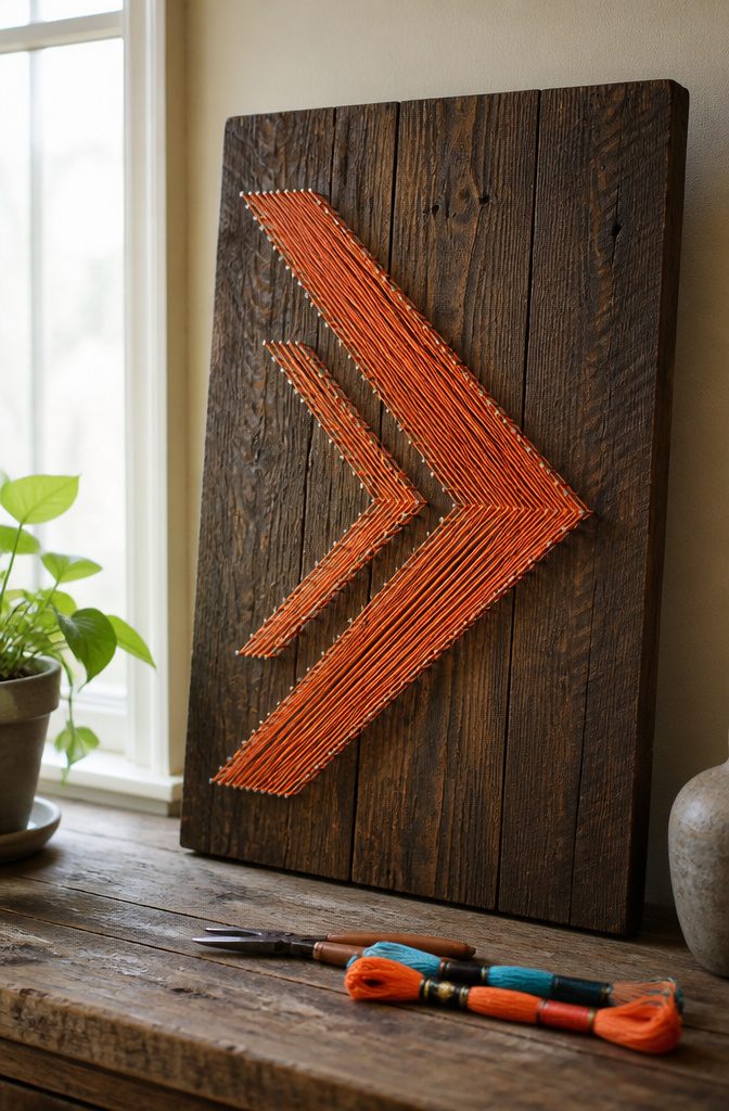 25 DIY Wall Decor Ideas: Easy Projects for Any Room 8 Geometric string art design on a wooden board.