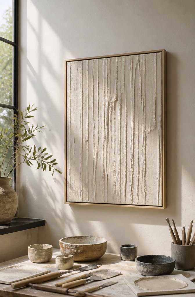 25 DIY Wall Decor Ideas: Easy Projects for Any Room 16 A framed plaster panel displaying a textured surface.