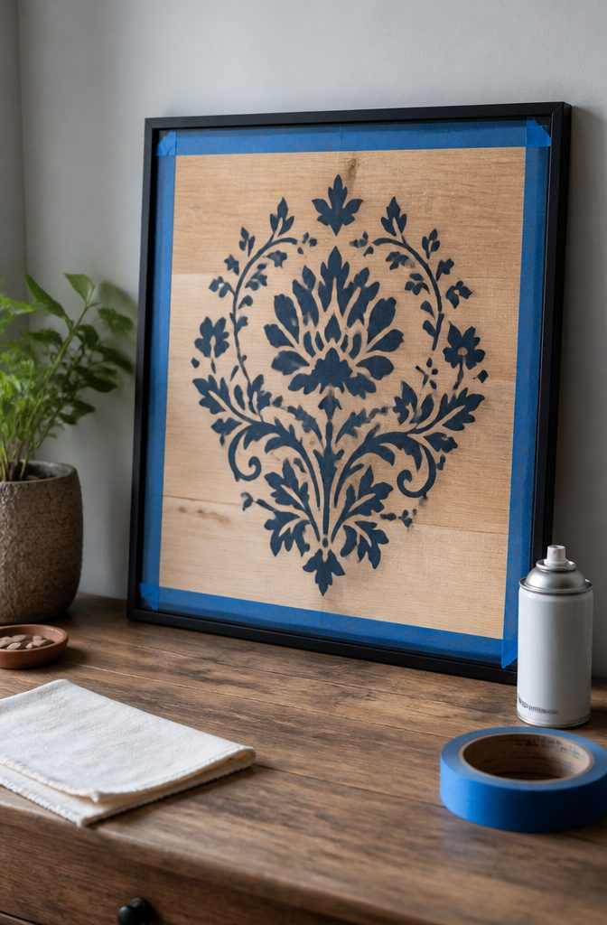 25 DIY Wall Decor Ideas: Easy Projects for Any Room 18 A stenciled artwork framed against raw wood.