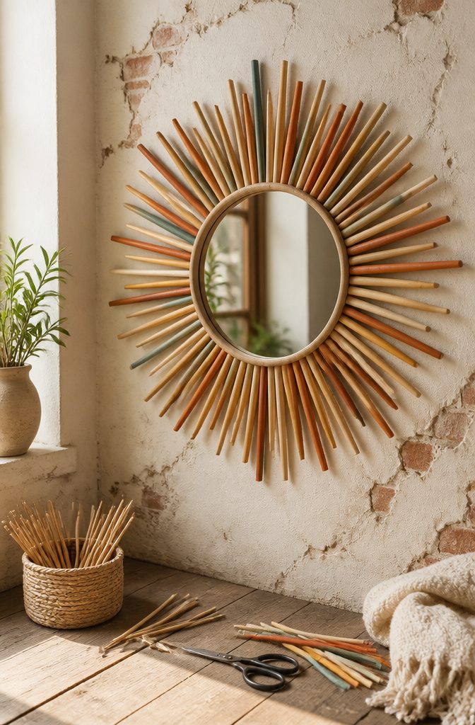 25 DIY Wall Decor Ideas: Easy Projects for Any Room 19 A round mirror surrounded by rays made from wood.