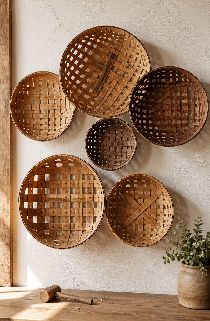 25 DIY Wall Decor Ideas: Easy Projects for Any Room 1 Several tobacco baskets arranged on a wall.
