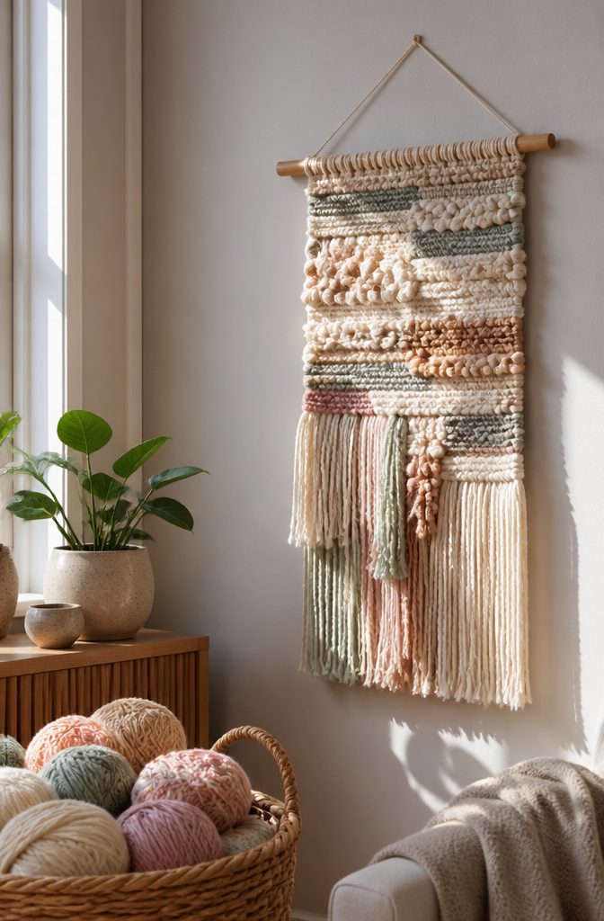 25 DIY Wall Decor Ideas: Easy Projects for Any Room 2 A woven wall art piece made with pastel yarns.