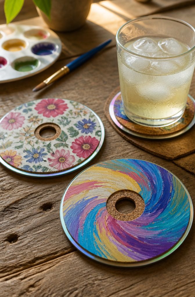 16 DIY with CD Ideas: Easy Upcycled Crafts for Old Discs 1 A cork coaster made from a CD, showing its shiny side.