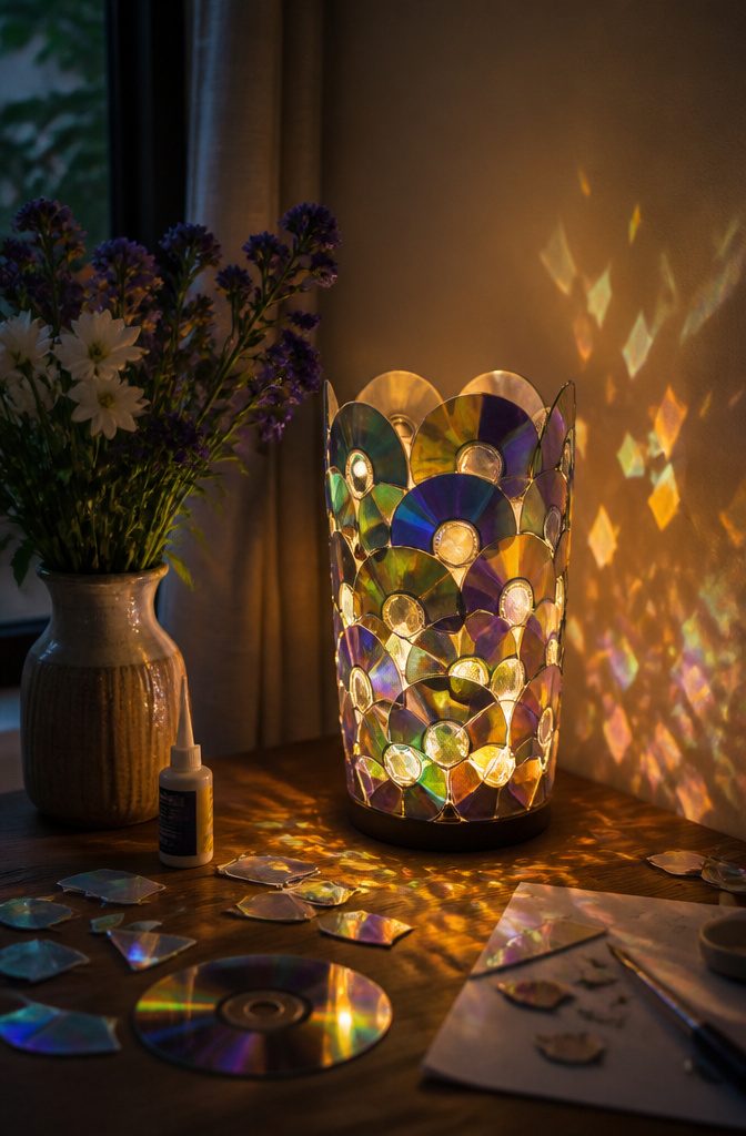 16 DIY with CD Ideas: Easy Upcycled Crafts for Old Discs 12 A lamp constructed from CDs, casting colorful light in a dim room.