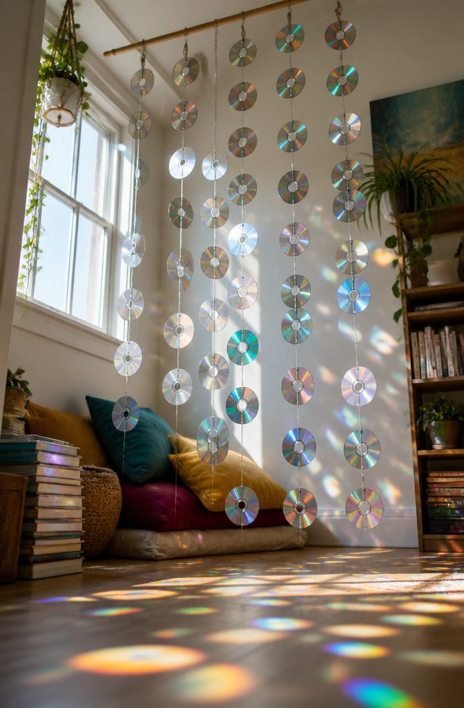 16 DIY with CD Ideas: Easy Upcycled Crafts for Old Discs 16 A curtain made of CDs hangs down, allowing light to filter through.