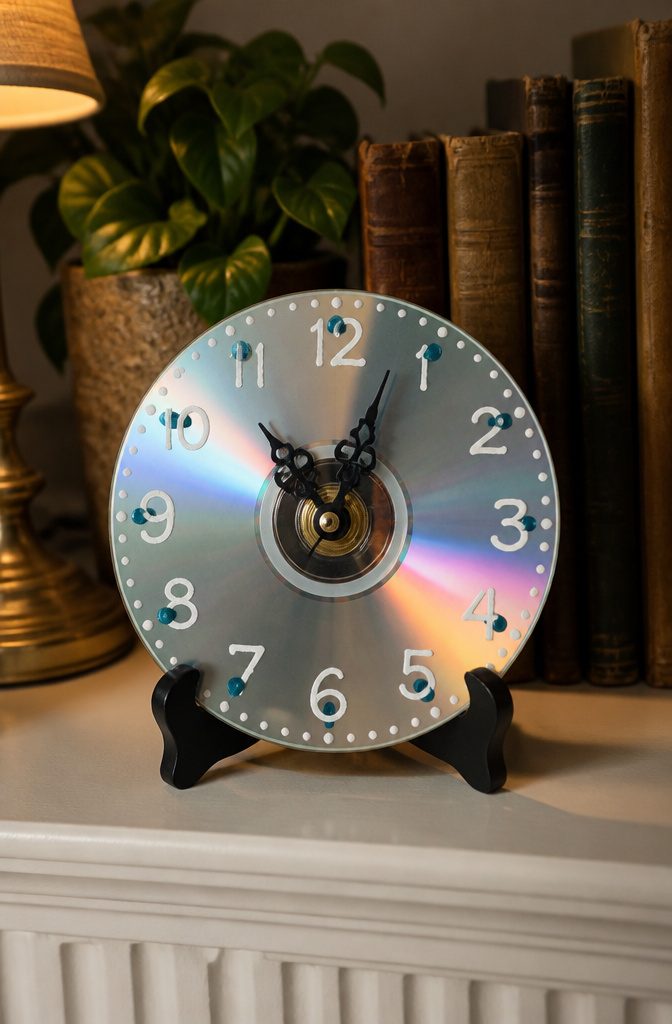 16 DIY with CD Ideas: Easy Upcycled Crafts for Old Discs 8 A clock made from a CD with decorative numbers marked on it.