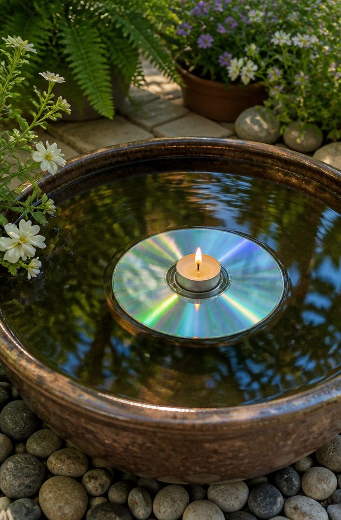 16 DIY with CD Ideas: Easy Upcycled Crafts for Old Discs 15 A CD serving as a base for a floating candle in a bowl of water.
