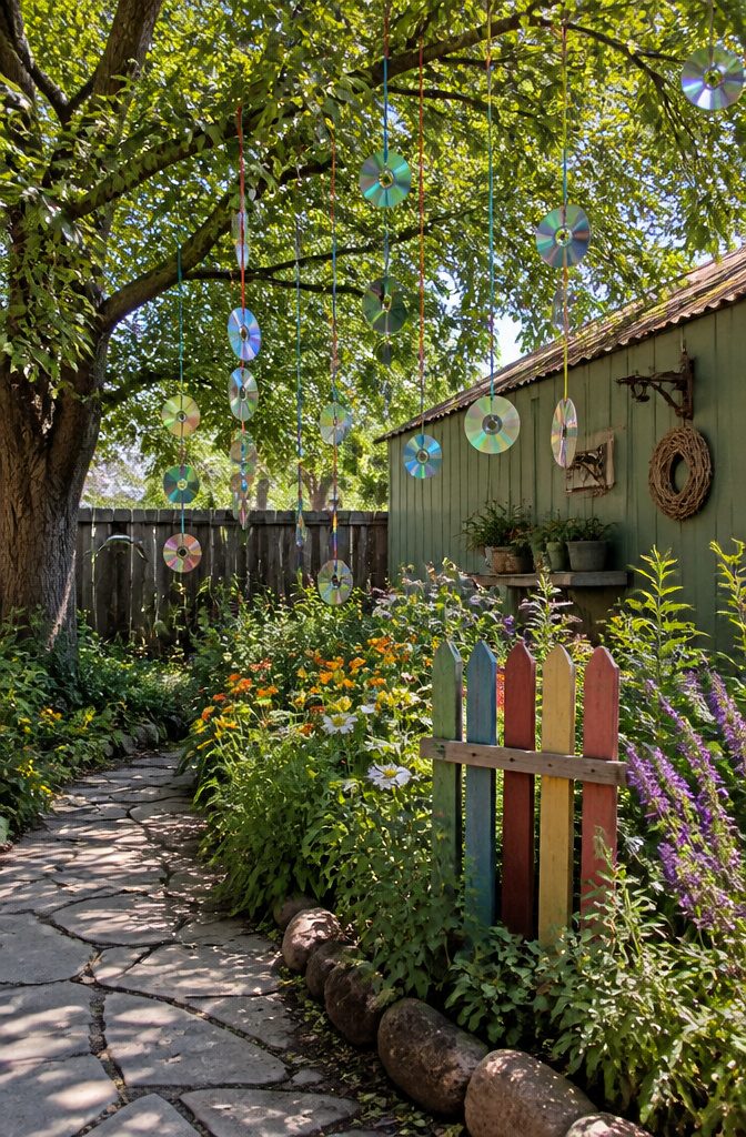 16 DIY with CD Ideas: Easy Upcycled Crafts for Old Discs 13 CDs hanging in a garden, reflecting light and enhancing the scenery.