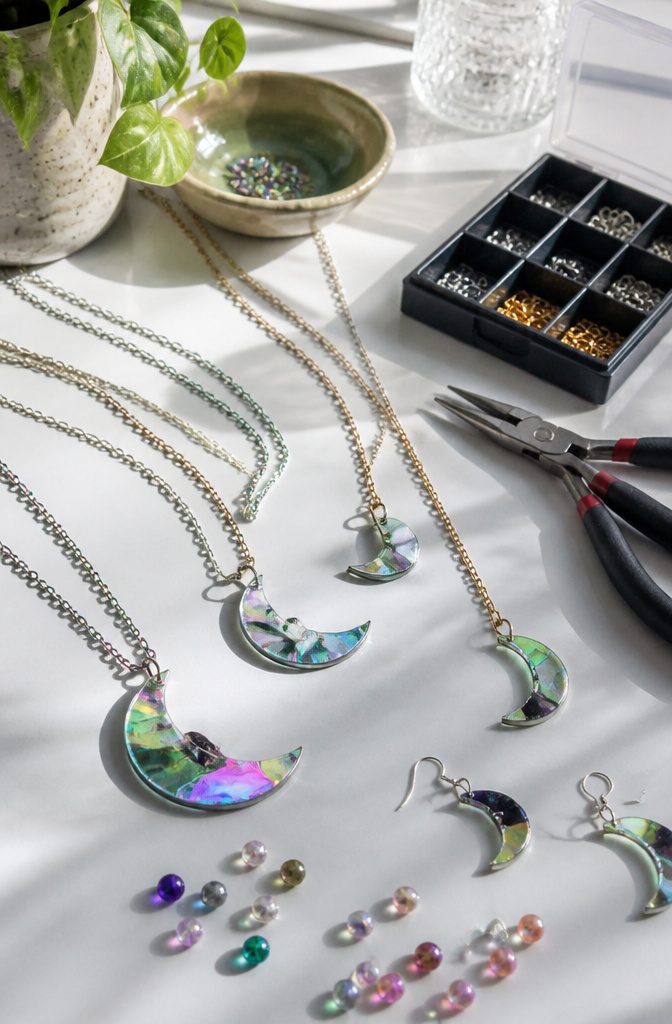 16 DIY with CD Ideas: Easy Upcycled Crafts for Old Discs 6 An array of jewelry made from small CD pieces displayed on a table.
