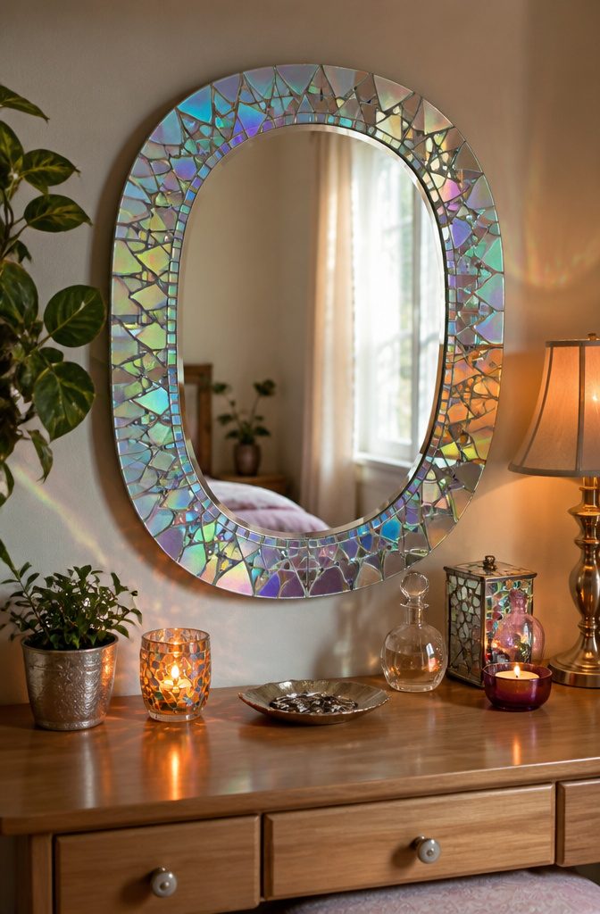 16 DIY with CD Ideas: Easy Upcycled Crafts for Old Discs 4 A mirror surrounded by intricately arranged pieces of CDs.