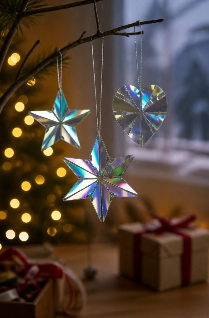 16 DIY with CD Ideas: Easy Upcycled Crafts for Old Discs 5 CD ornaments hanging from a tree, showcasing their shiny surfaces.