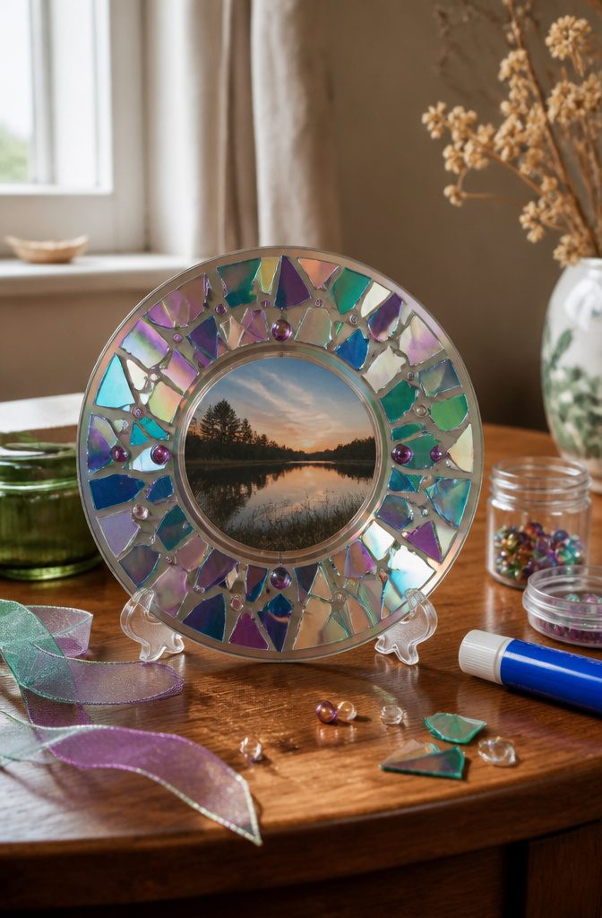 16 DIY with CD Ideas: Easy Upcycled Crafts for Old Discs 14 A photo framed with a CD, decorated around its edges.