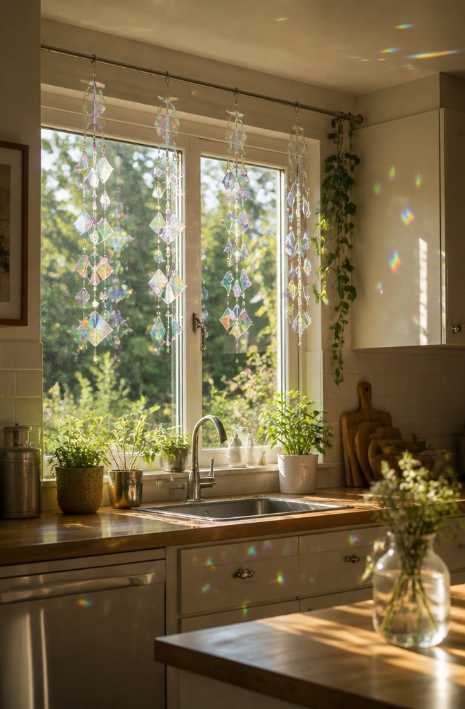 16 DIY with CD Ideas: Easy Upcycled Crafts for Old Discs 3 Colorful suncatchers made from CD shards hanging in a window.