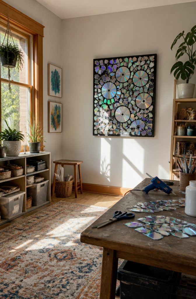 16 DIY with CD Ideas: Easy Upcycled Crafts for Old Discs 2 A canvas covered with colorful pieces of CDs arranged as wall art.