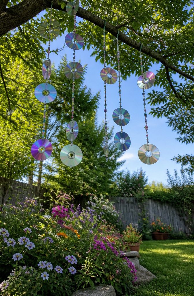 16 DIY with CD Ideas: Easy Upcycled Crafts for Old Discs 7 Colorful CDs strung together as wind chimes swaying in the wind.