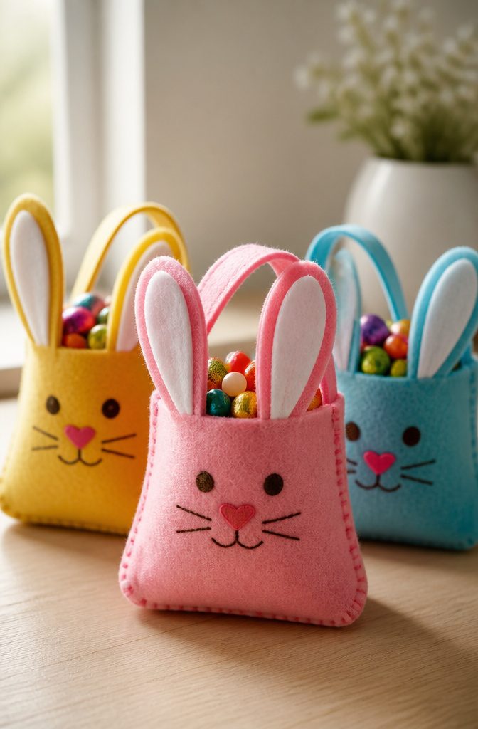 Bunny-shaped treat bags made from felt, ready to be filled.