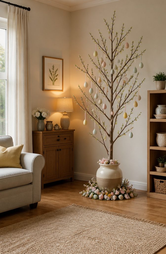Branches arranged as an Easter tree adorned with decorations.
