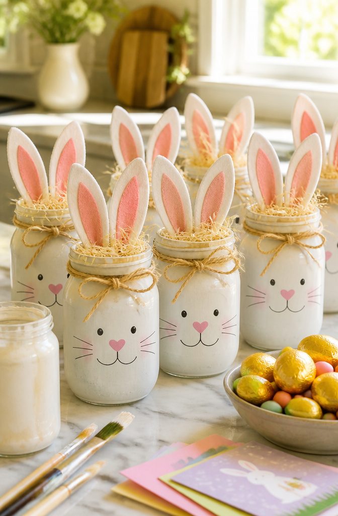 Painted mason jars designed to look like Easter bunnies.