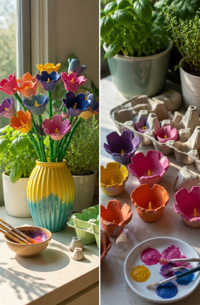 Flowers made from egg carton cups, painted in bright colors.