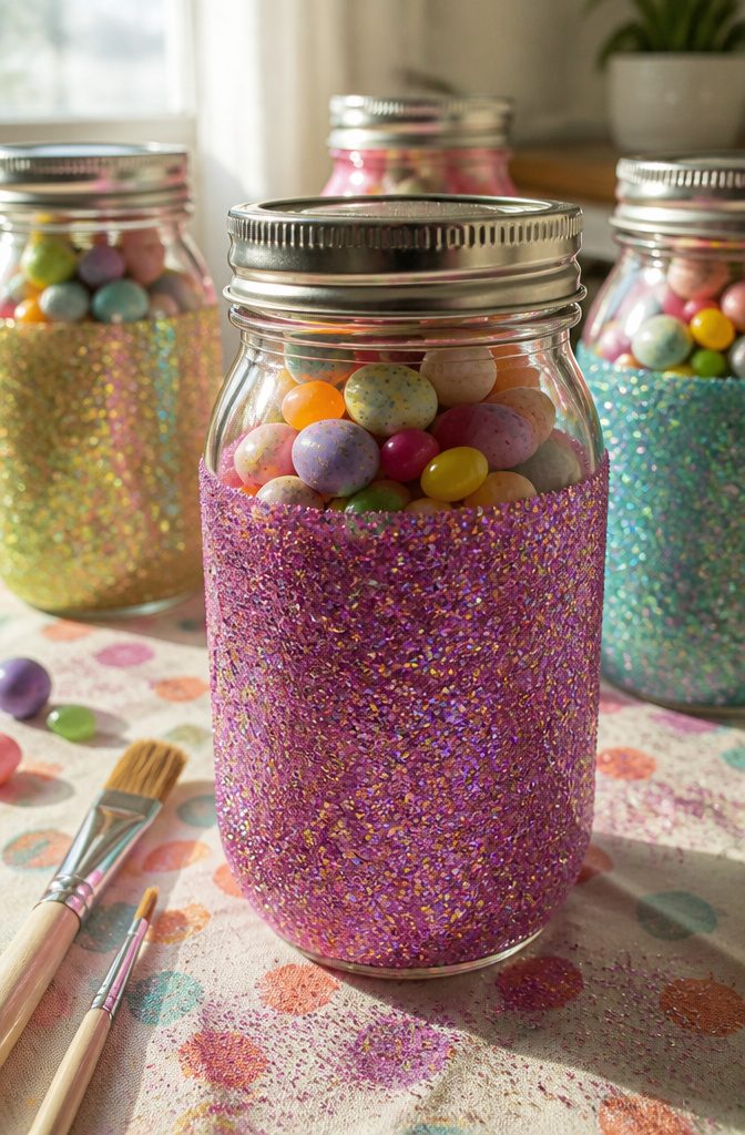 Mason jars decorated with glitter, filled with candy and treats.