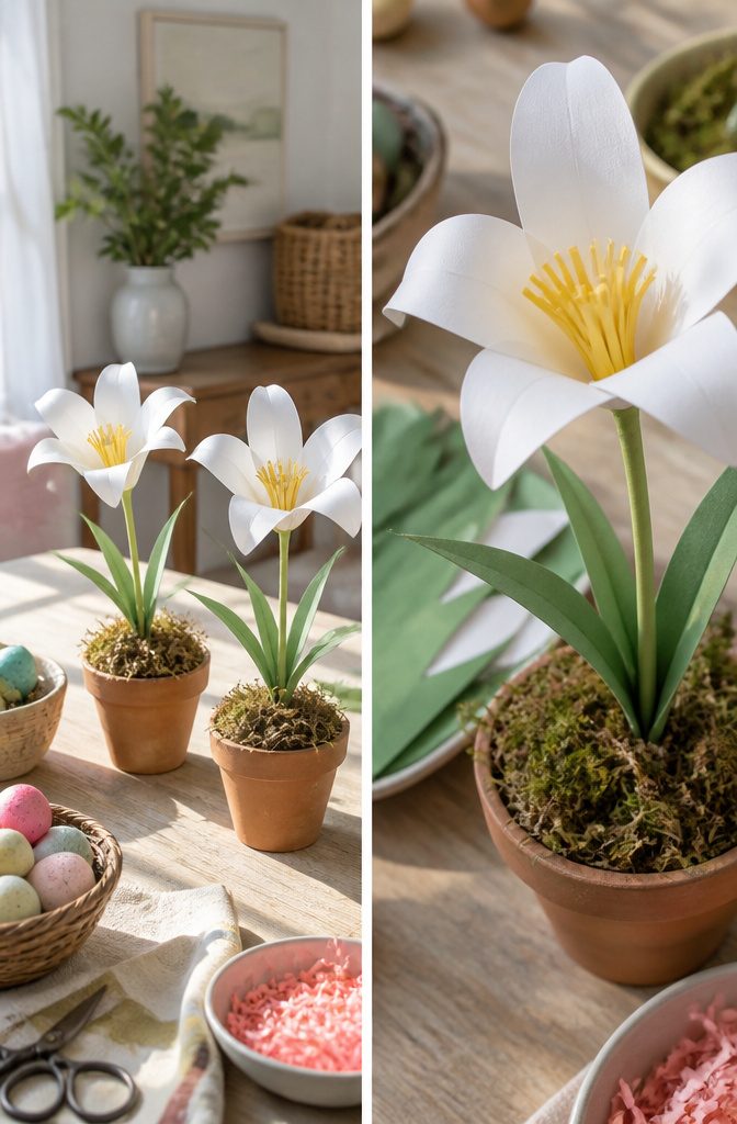 White paper petals shaped and curled to resemble Easter lilies.