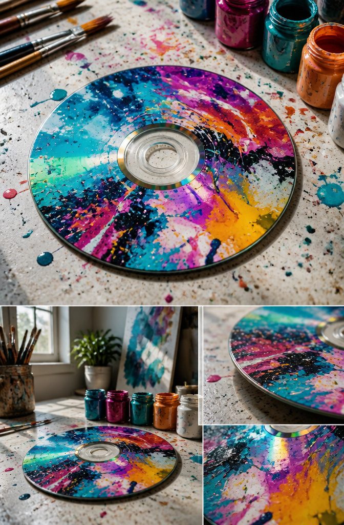 A CD featuring abstract paint swirls in various colors.