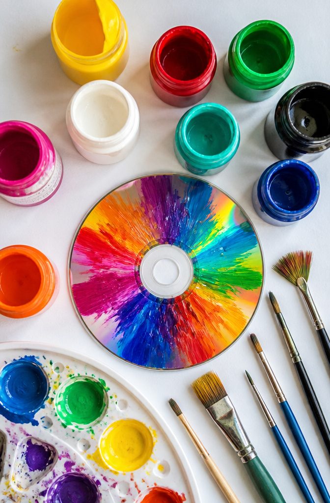 A display of acrylic paint bottles suitable for painting CDs.