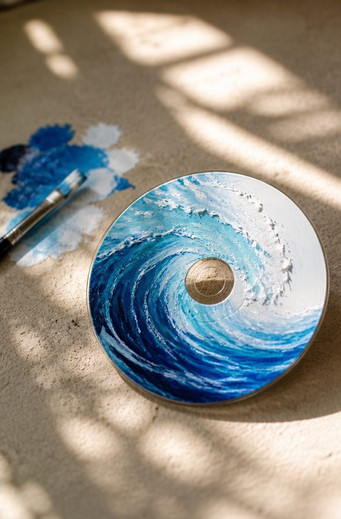A CD displaying an ocean wave design in deep blue and white.