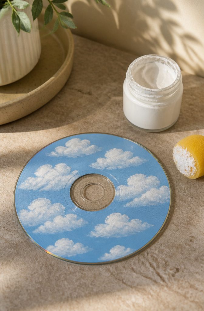 A CD decorated with clouds on a soft blue background.