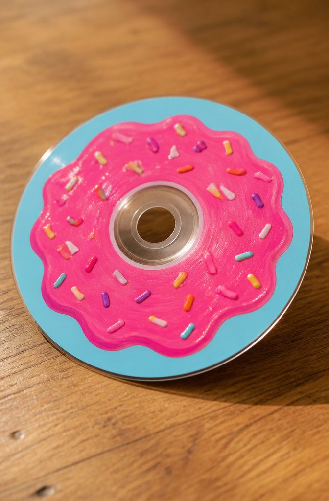 A CD designed to look like a pink frosted donut with sprinkles.