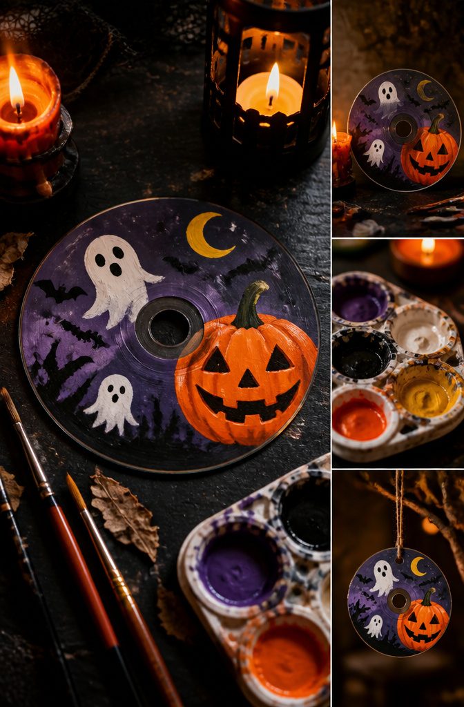 A CD featuring Halloween-themed designs including pumpkins and ghosts.