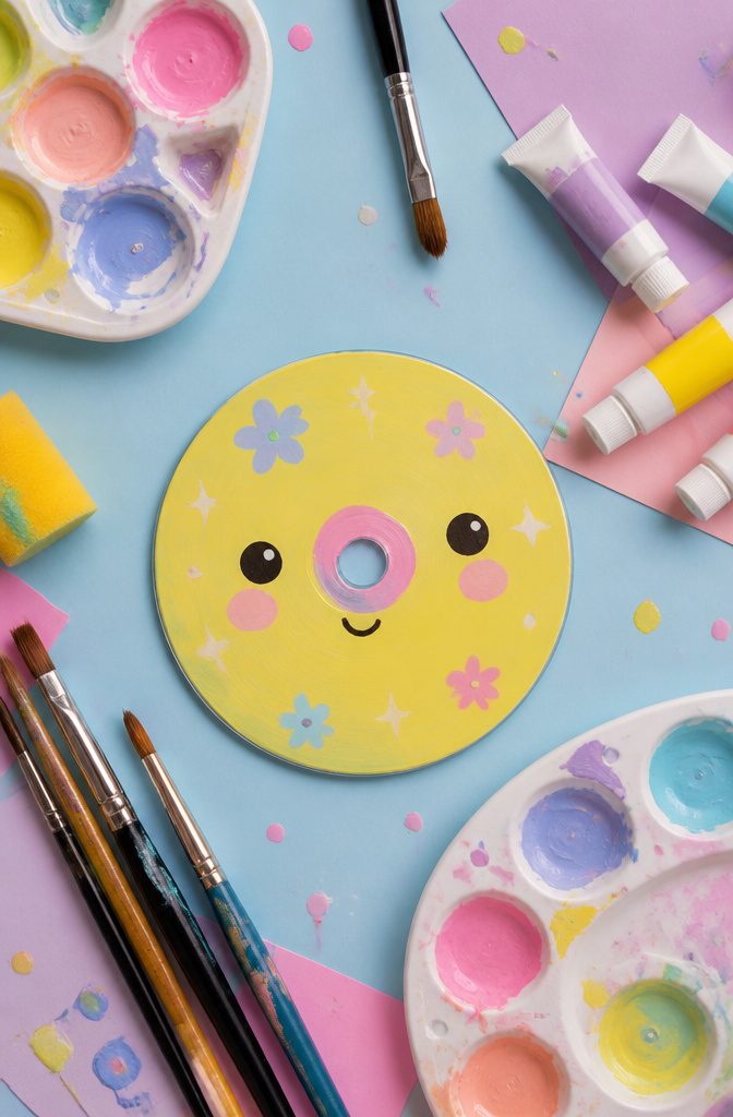 A CD featuring a kawaii face design with pastel colors.