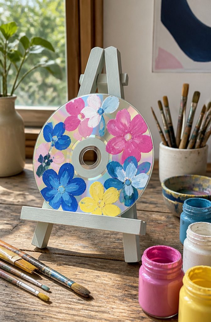A CD painted with abstract flowers in bright colors.