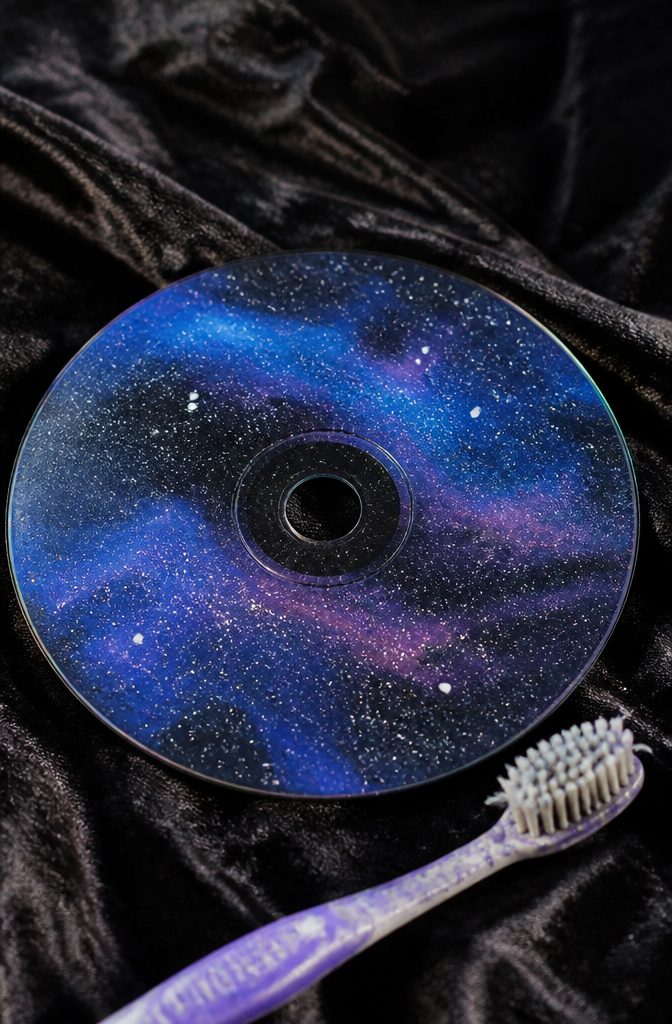 A CD featuring a galaxy design with dark blue and purple hues.