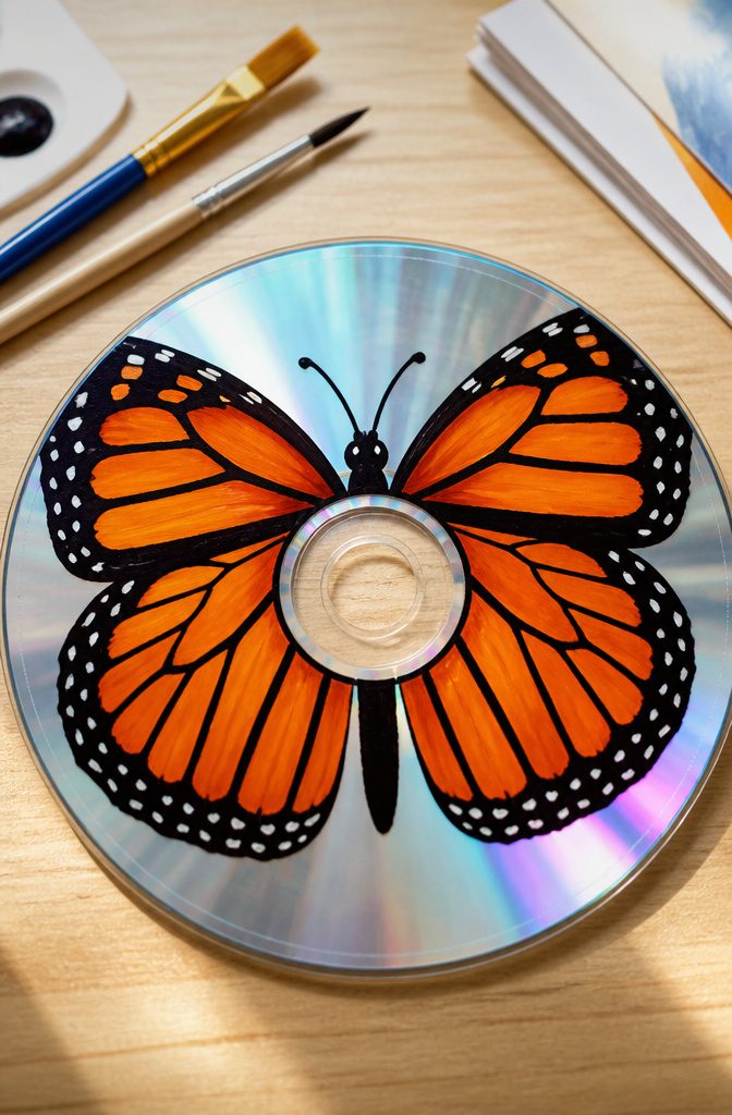 A CD painted with a monarch butterfly design in orange and black.