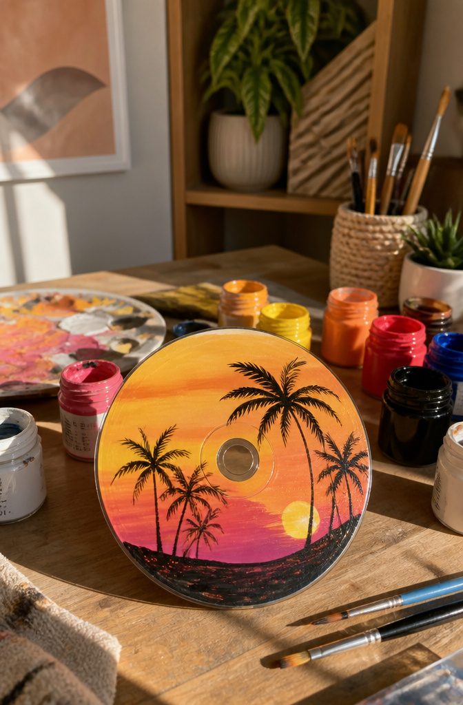 A CD showcasing a sunset scene with palm trees silhouette.