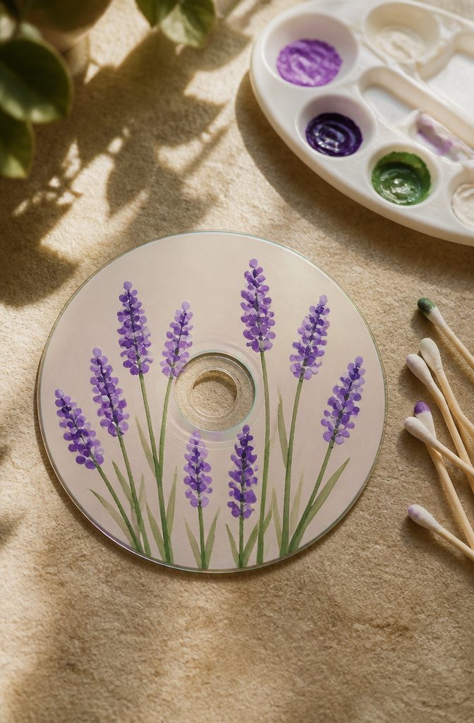 A CD featuring lavender flowers painted in soft purple colors.