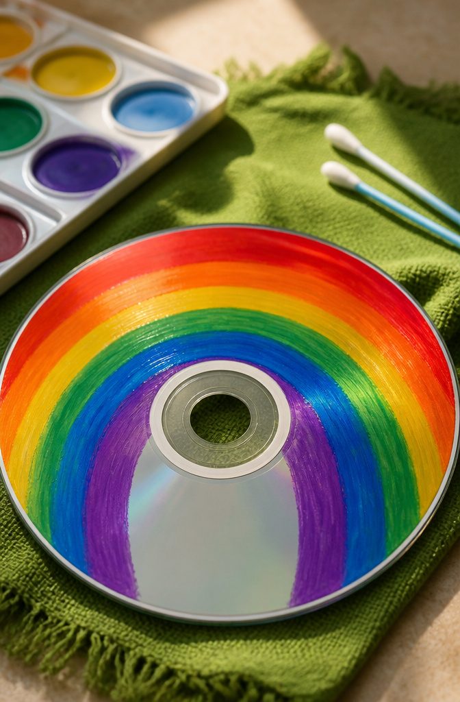 A CD painted with a rainbow and clouds.