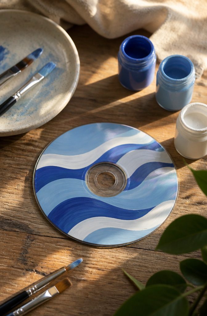 A CD painted with simple wavy lines in blue and white.