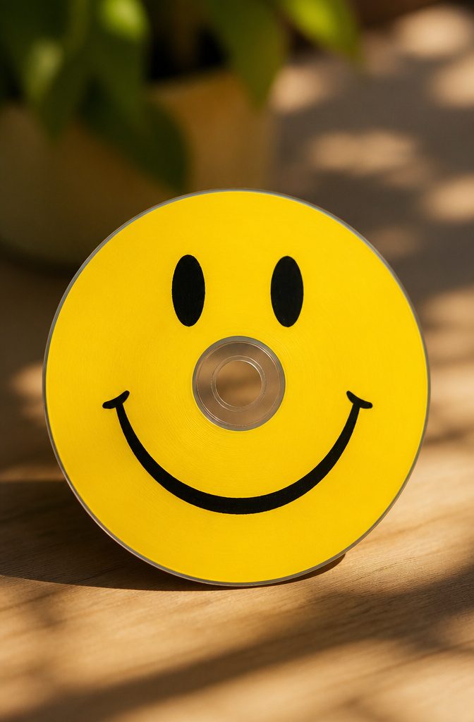 A CD designed with a smiley face in yellow and black.