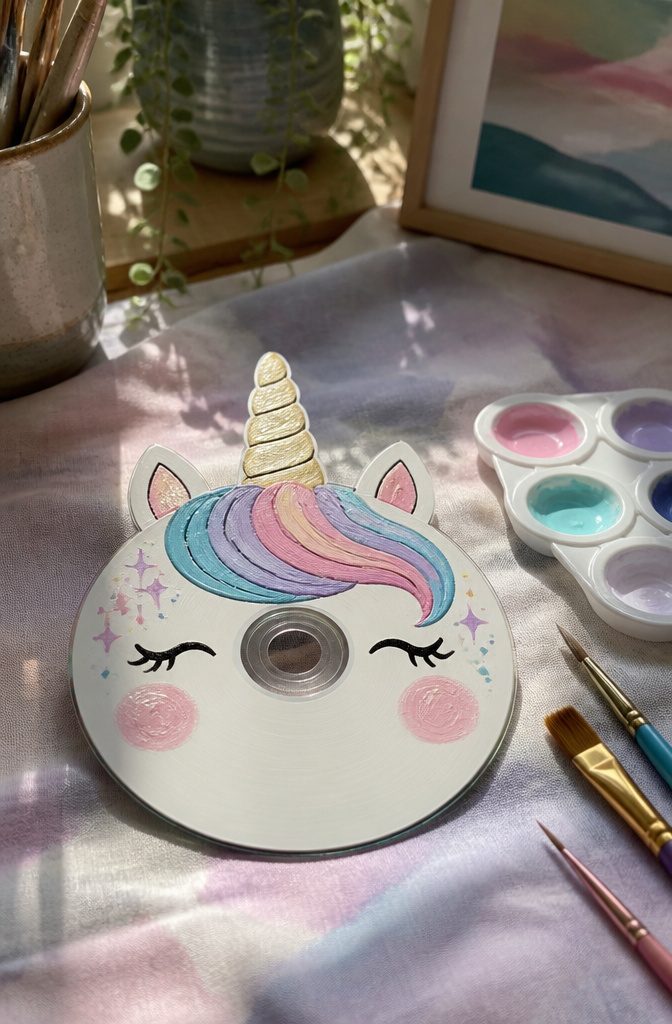 A CD featuring a unicorn design in pastel colors.