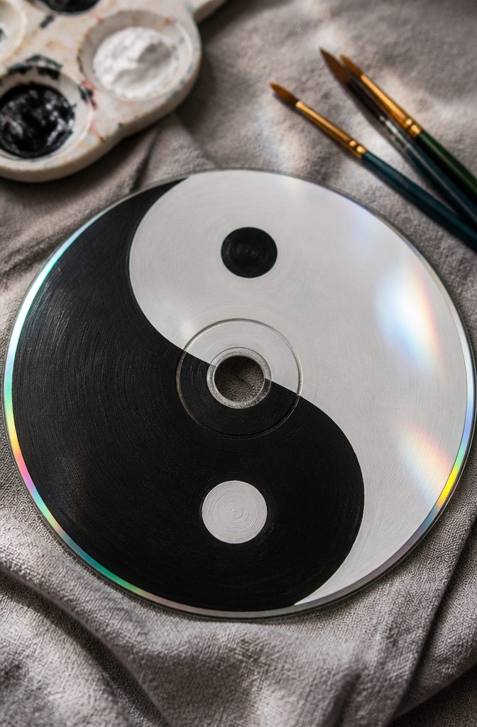 A CD painted with a yin yang design using black and white.