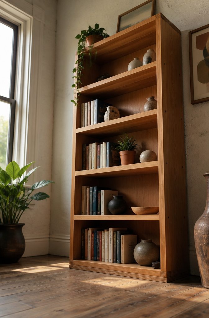 Bookshelf with two sides, a top, and shelves.