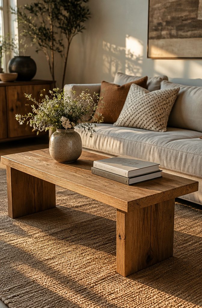Wood coffee table with a flat top and four legs.