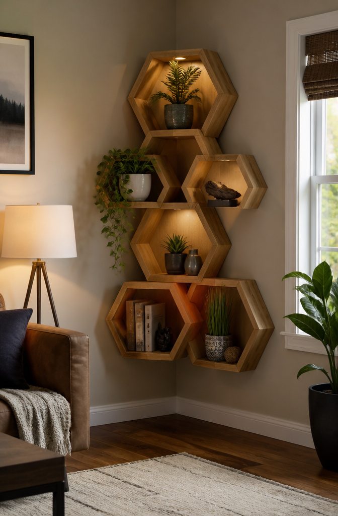 Hexagonal wooden shelves mounted in a corner.
