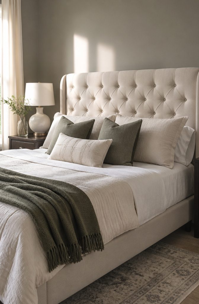 Diamond tufted headboard covered in soft fabric.