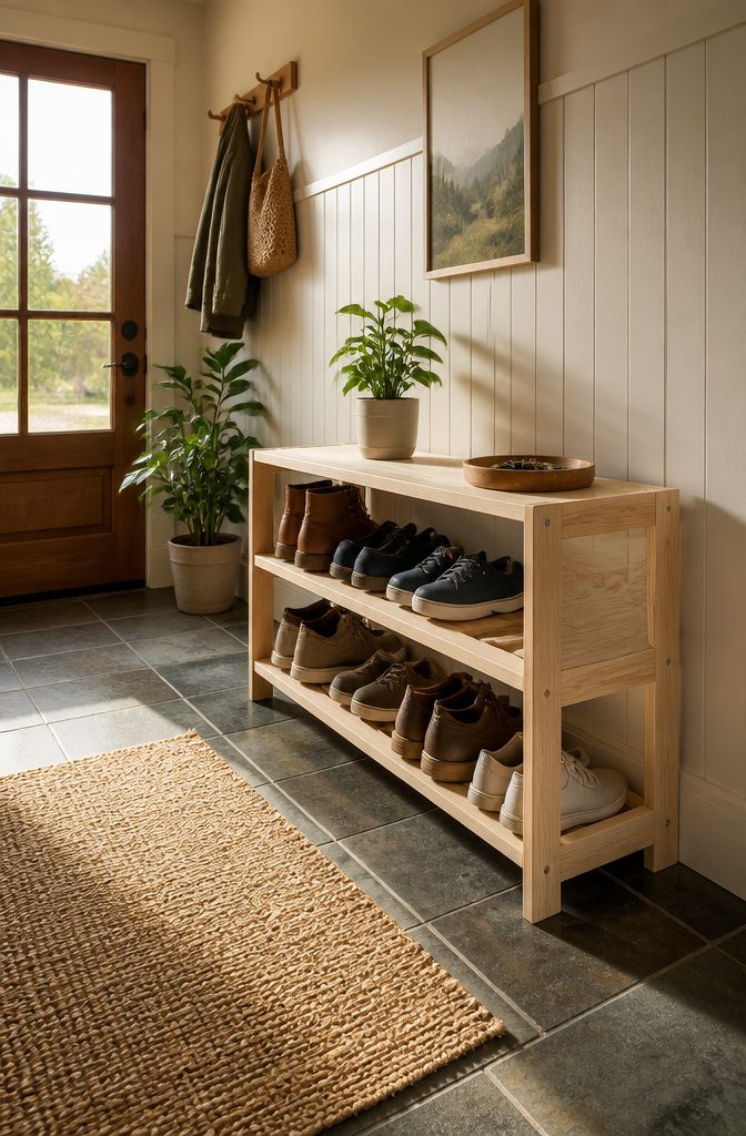 Shoe rack with slats for ventilation and storage.