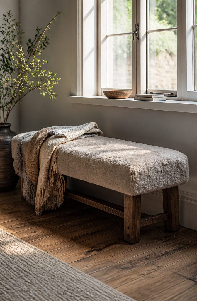 Faux fur bench upholstered over a wooden structure.