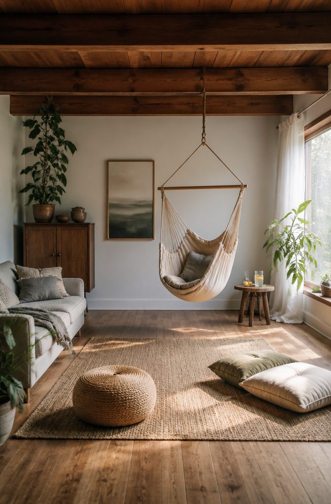 Hammock chair suspended from a ceiling hook.