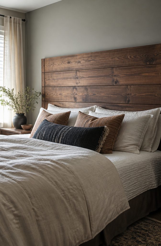Wood headboard with wide planks arranged horizontally.